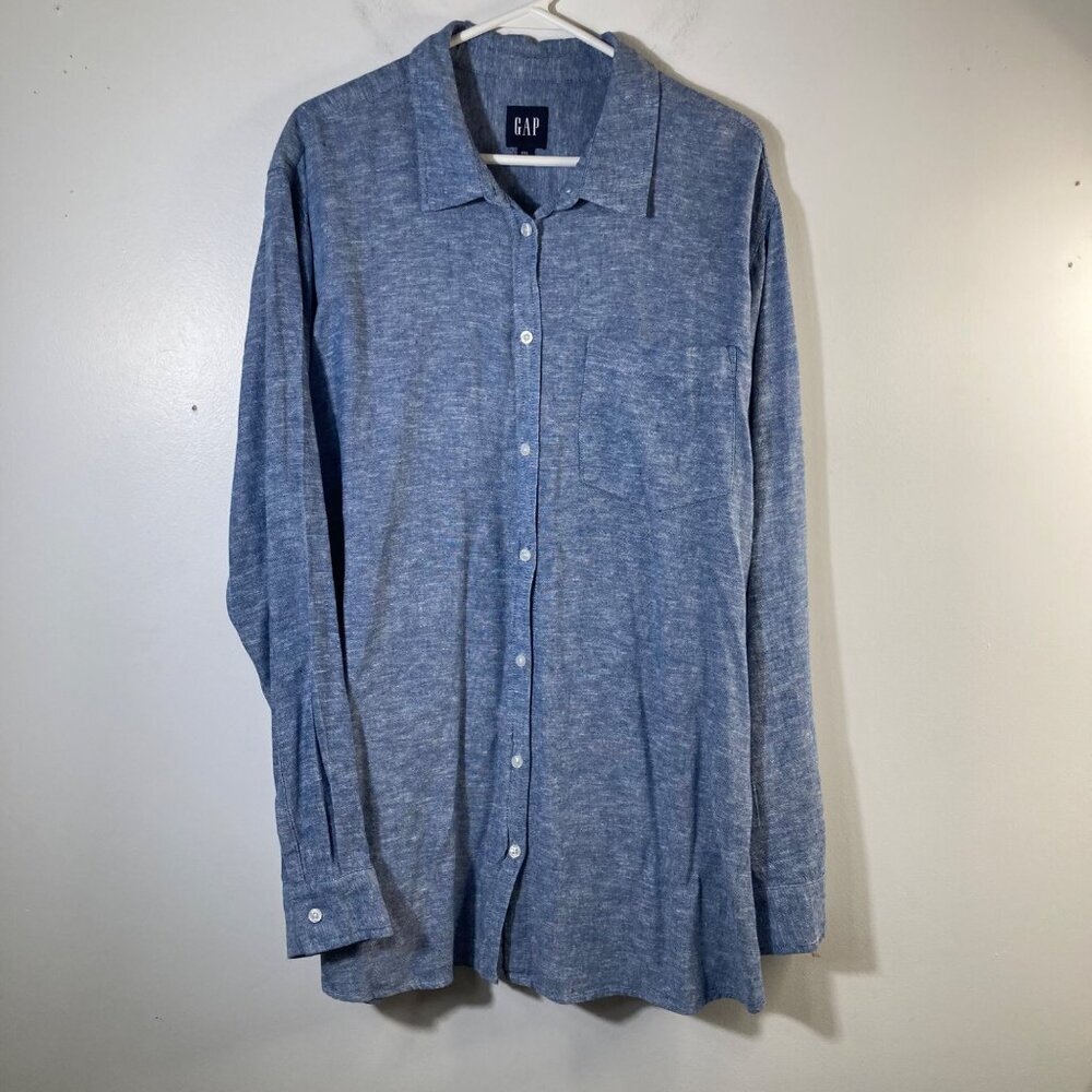 Womens Gap‎ Linen Blend Button Shirt Long Sleeve Mid Weight Heathered Blue 2XL